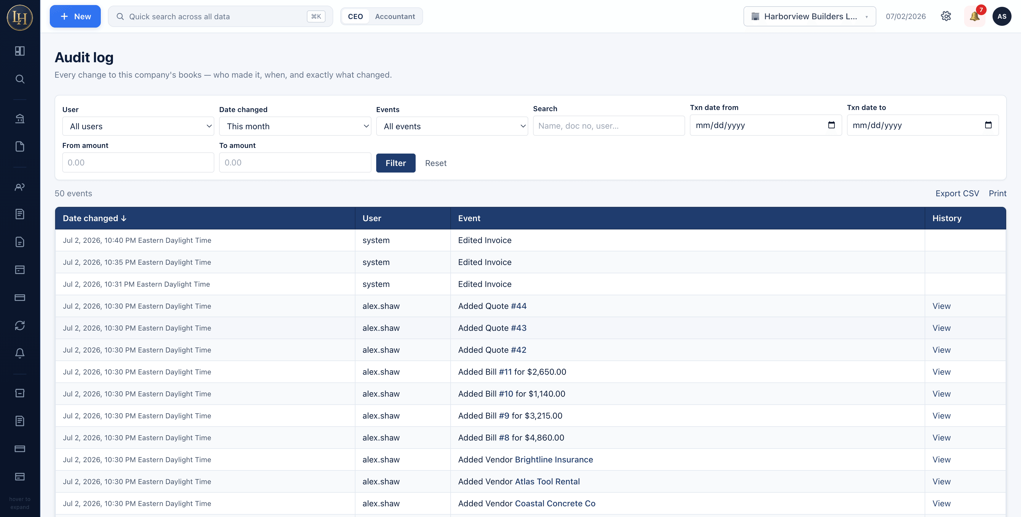 Audit log listing every change with user and timestamp