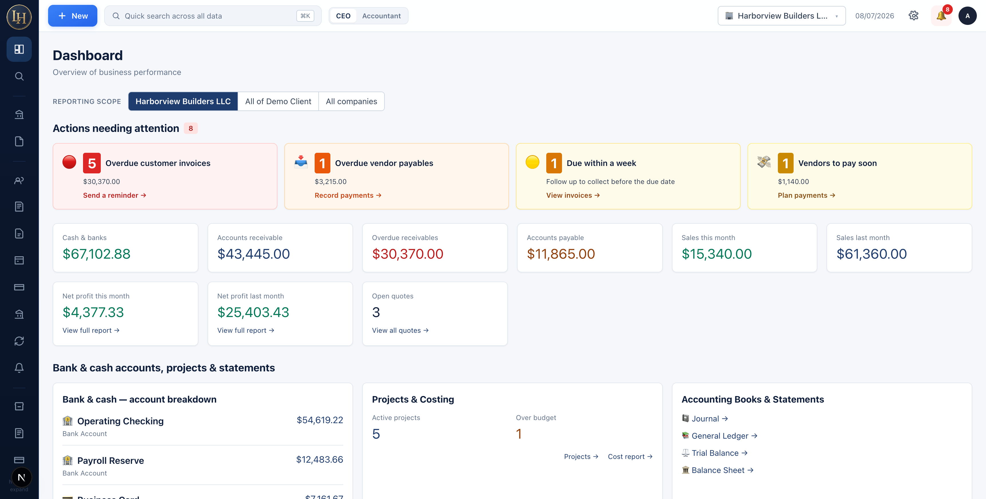 LedgerHub dashboard — every entity's books in one view
