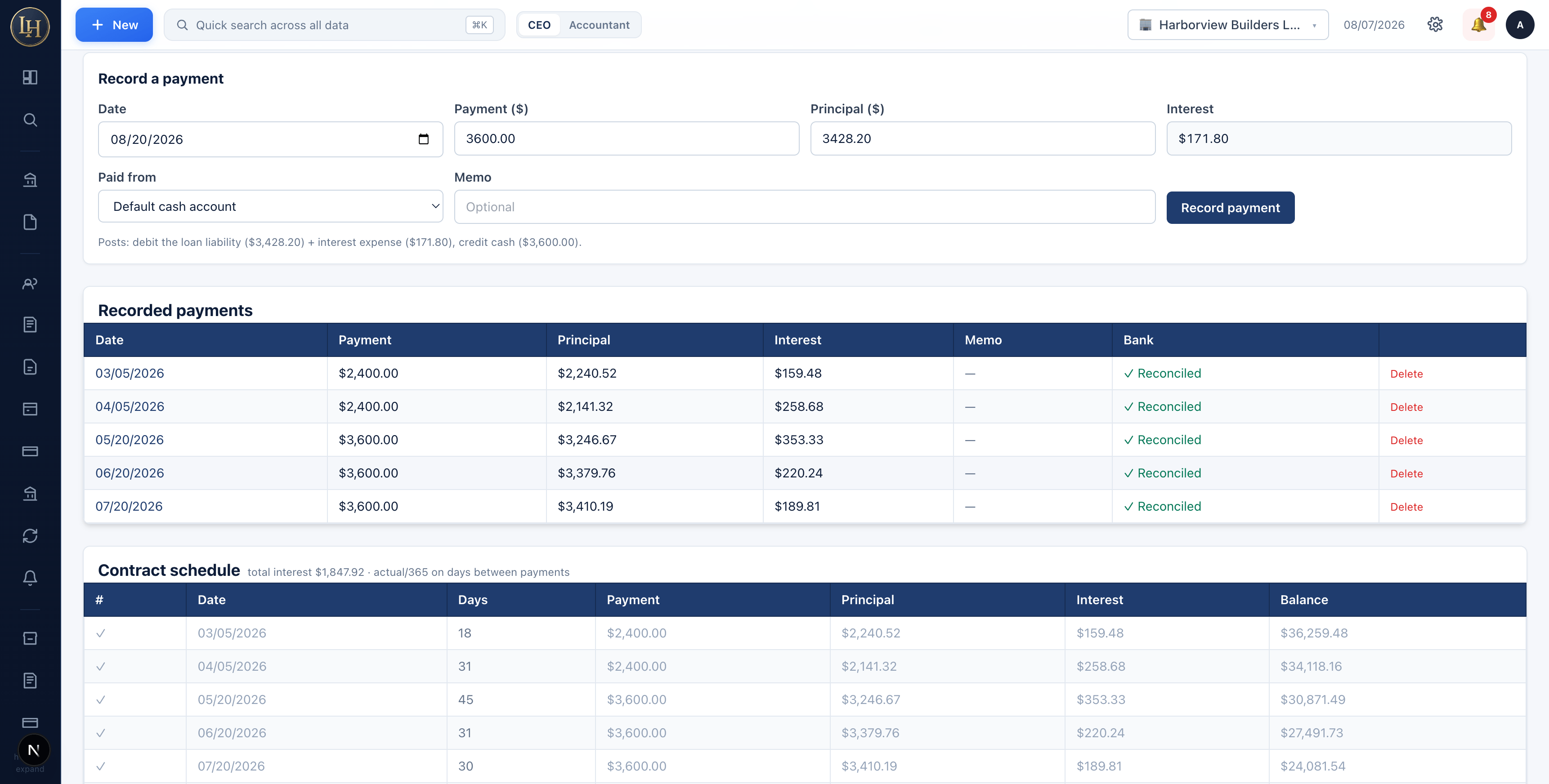 Loan detail showing the posting a payment will make and a contract schedule