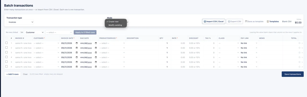 Batch invoices · actual product screen